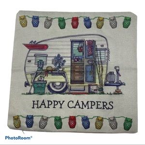 HAPPY CAMPER Throw Pillow Zipper Cover 17”x17” RV Caravan Traveler Vacation
